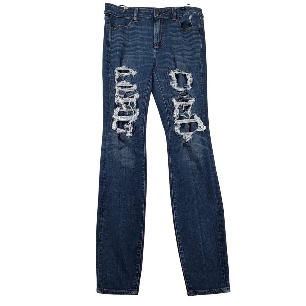 American Eagle Hi-Rise Jegging Womens 10 Long Dark Wash Distressed Ripped Jeans